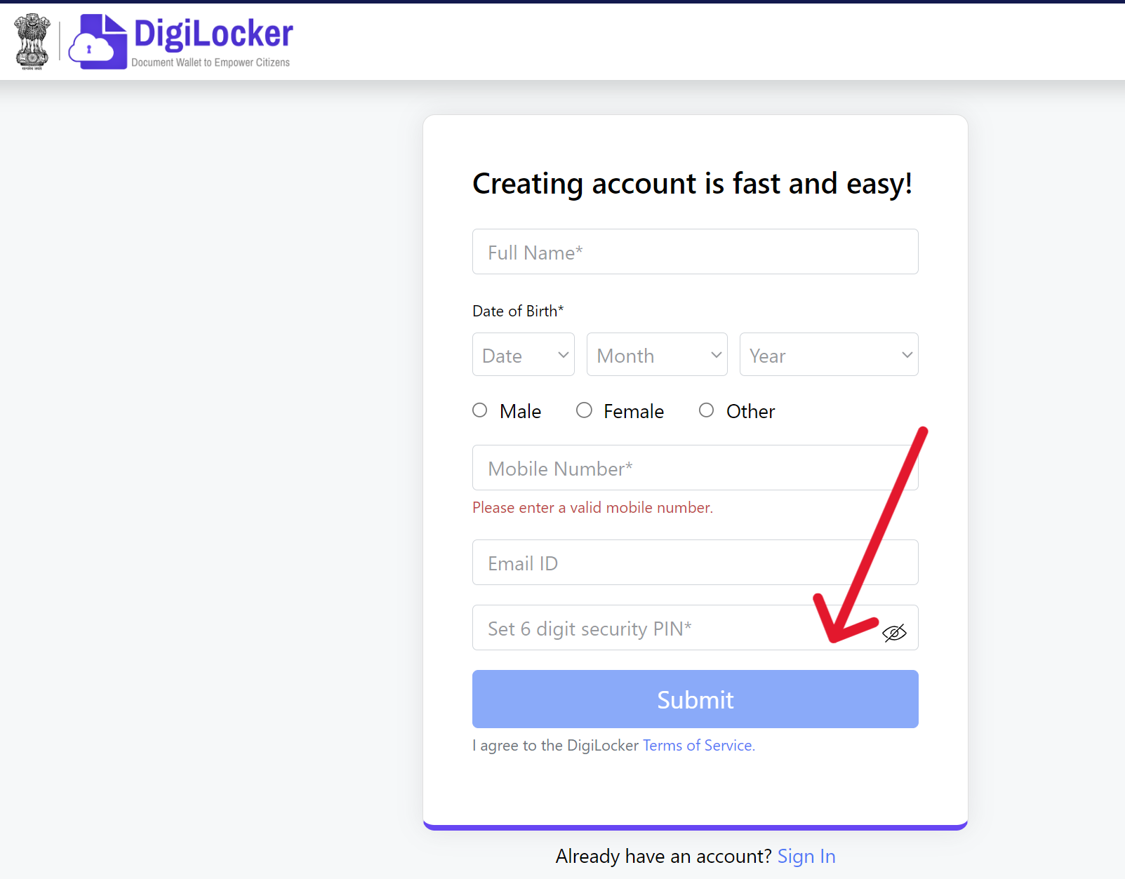 DigiLocker Sign UP
